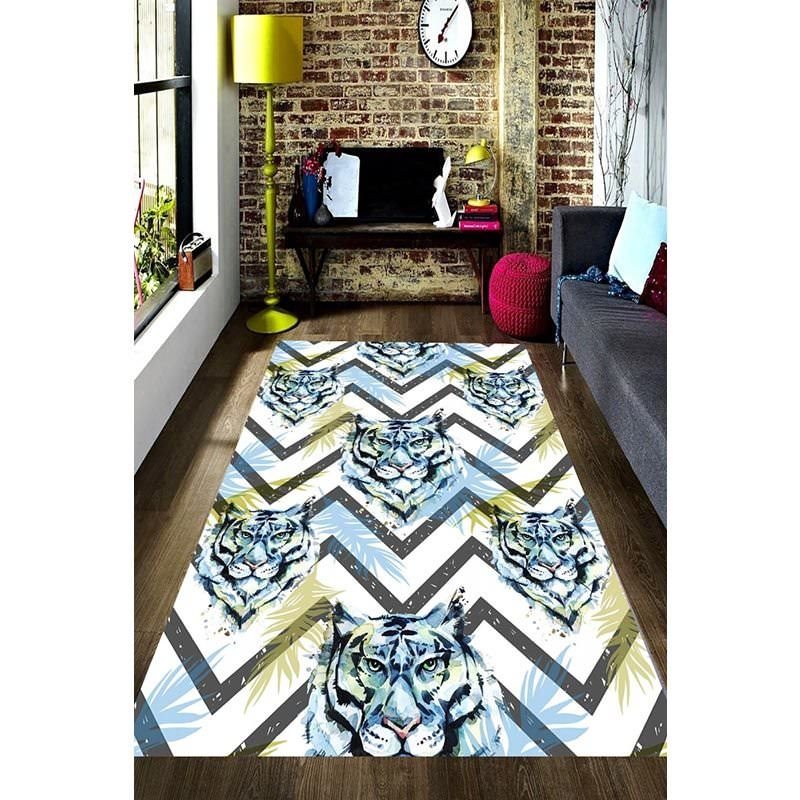 Tiger And Leaf Detailed Geometric Pattern Digital Printed Carpet